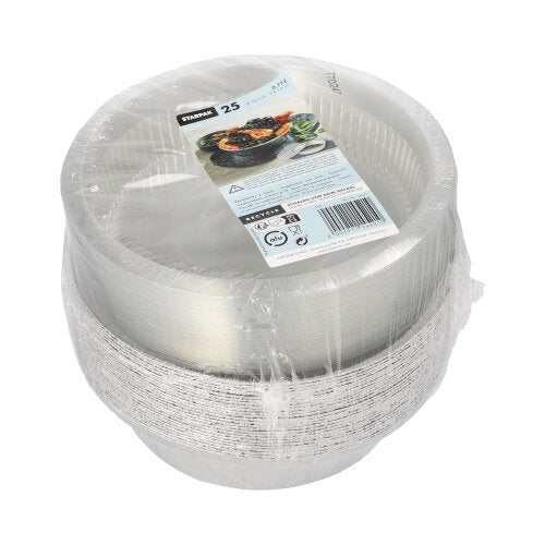 Starpak 25 ciotole, alluminio con coperchio a cupola (rotondo, 0,77 l, Ø 18,2 cm), sigillato in pellicola termoretraibile. Contiene etichetta con informazioni sul prodotto e foto di cibo. Perfetto per la ristorazione. La confezione contiene 25 pezzi.