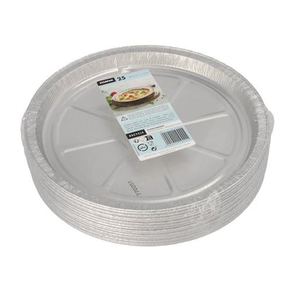 Una pila di Starpak 25 Rundformen, teglie rotonde in alluminio è avvolta in plastica e porta sopra un'etichetta con una pizza e dettagli sulla conducibilità termica dell'articolo.