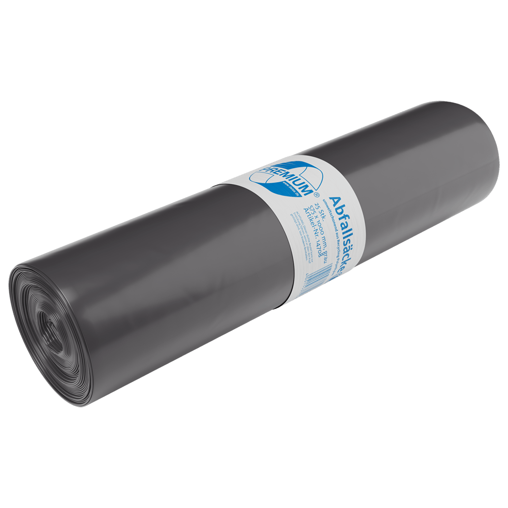 È raffigurato un sacco della spazzatura DEISS nero strettamente arrotolato 575x1000x0,06 mm in LDPE riciclato 70 l della EMIL DEISS KG (GmbH + Co.) con etichetta tedesca bianco-blu su sfondo bianco.