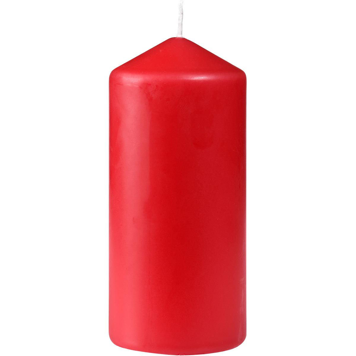 Die Duni GmbH Stumpenkerzen, ca. 40h 130 x 60 mm, ist eine glänzend rote Kerze mit glatten Seiten, einem flachen Boden, einer spitzen Spitze und einem weißen Docht - konzipiert für eine lange Brenndauer.