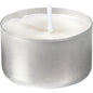 Una candela tealight bianca (Ø39 mm) della Duni GmbH in un supporto rotondo argentato, non accesa e su sfondo bianco. Questo Big Pack da 300 pezzi offre 300 candele, ciascuna con una durata di combustione fino a 6 ore - ideale per eventi.