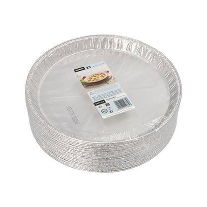 Una pila di Starpak 25 Rundformen, Alu rund – teglie rotonde monouso in alluminio con bordo leggermente rialzato, etichettata con un'immagine di cibo, la quantità (25) e i codici a barre per un'eccellente conducibilità termica. Marca: Starpak.