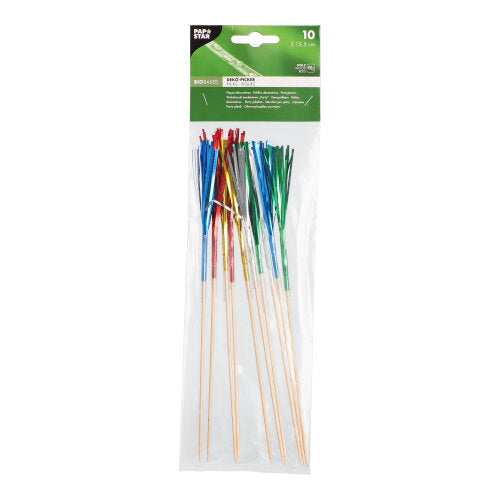 Eine transparente Kunststoffpackung mit 10 PAPSTAR Deko-Pickern der PAPSTAR GmbH, jeweils mit glänzenden roten, blauen, grünen oder silbernen Metallic-Fransen. Ideal für Fingerfood, verfügt die Packung über ein grünes Produktinfo-Etikett am oberen Rand.