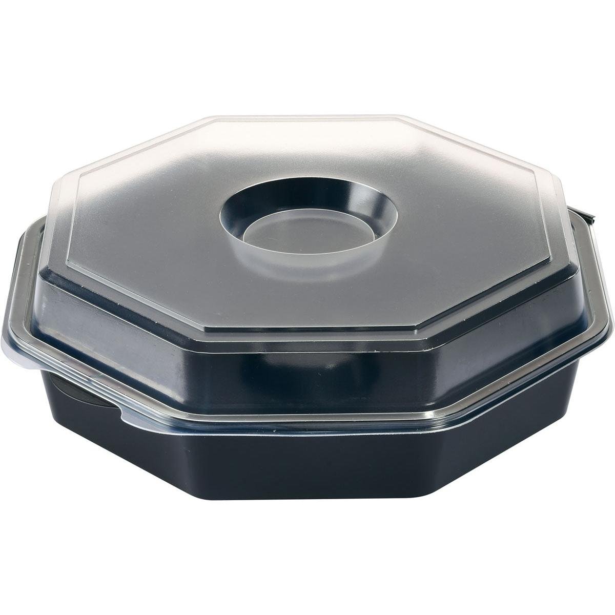 L'Octaview® con vetro Nero / Trasparente PS della Duni GmbH è un contenitore da asporto ottagonale nero con coperchio trasparente, che presenta una cavità rotonda al centro - ideale per una presentazione elegante dei cibi.