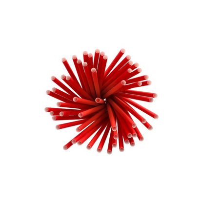 Un gruppo di cannucce di carta rosse sostenibili del marchio PAPSTAR Shake-Halme con un diametro di 8 mm e una lunghezza di 25 cm è disposto in cerchio, con le punte bianche rivolte verso l'esterno.