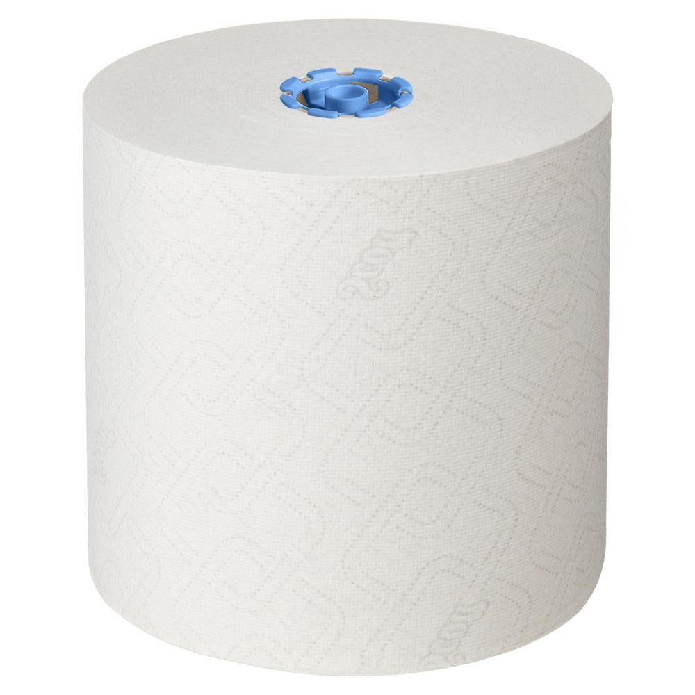 Un grande asciugamano a rotolo Scott® Essential™ 6638 di Kimberly-Clark GmbH, rotolo di carta asciugamano bianco a 1 strato con nucleo di plastica blu, è posizionato verticalmente su uno sfondo bianco semplice. Sulla superficie appaiono motivi discreti e "Scott".