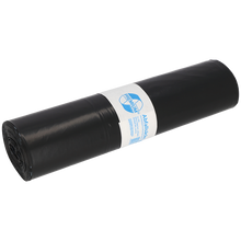 Abgebildet ist eine Rolle EMIL DEISS KG (GmbH + Co.) DEISS 15004 schwarze Müllsäcke, 700x1100x0,06 mm, 25 Stück, mit einem weiß-blauen Etikett in der Mitte, auf weißem Grund.