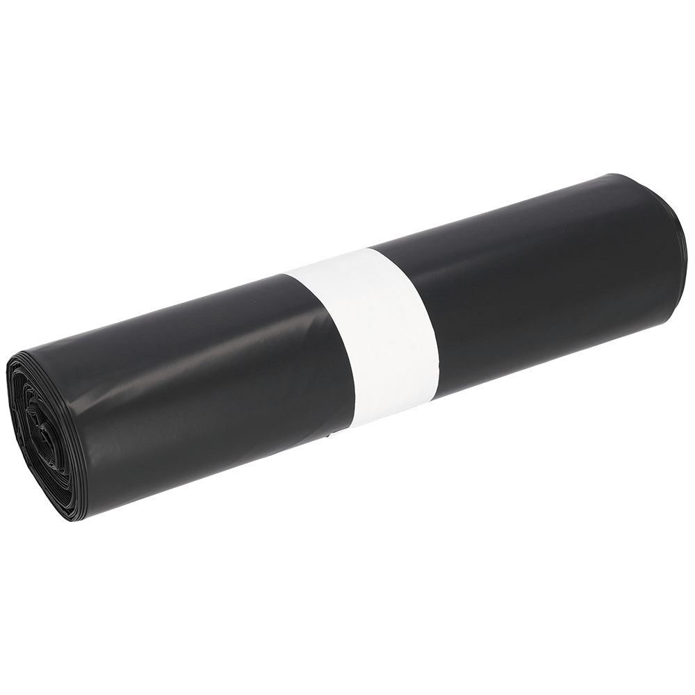 L'immagine mostra un rotolo di sacchi per rifiuti EMIL DEISS KG (GmbH + Co.) DEISS 15005 neri, 700x1100x0,06 mm (25 pezzi), con una fascia di carta bianca al centro, su uno sfondo bianco monocromatico.