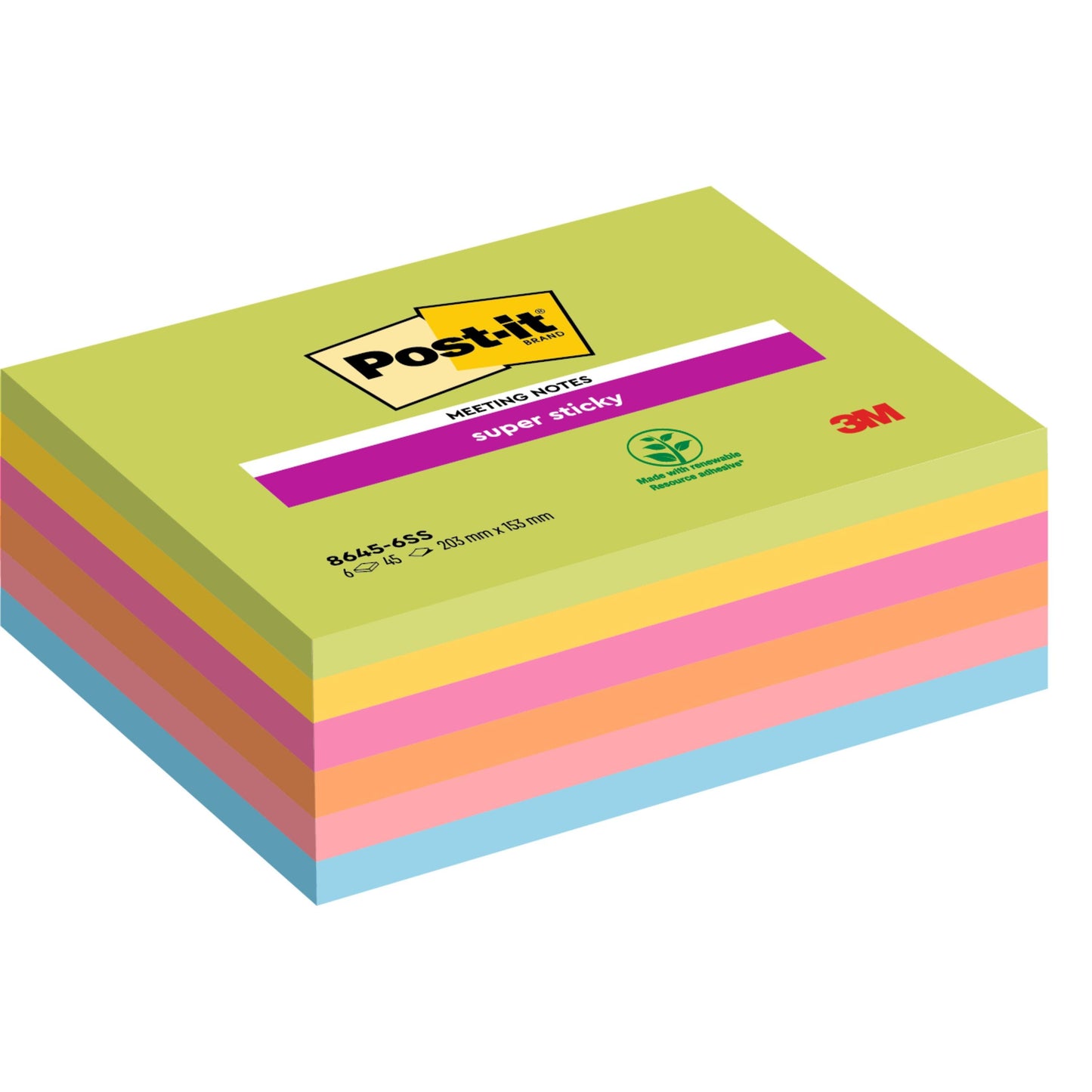 Eine Packung 3M Post-it® Super Sticky Meeting Notes, verschiedene Farben, 203 x 153 mm, 45 Blatt pro Block, 6 Blöcke pro Packung, von 3M Deutschland GmbH; PEFC-zertifiziert (SGSCH-PEFC-COC-110078), Verpackung mit Produktangaben.