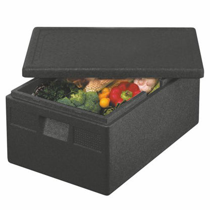 Un contenitore termico Starpak parzialmente aperto, EPP 68,5 x 48,5 x 36 cm nero "Norma Euro", mostra all'interno varie verdure come broccoli, peperoni rossi, mais e pomodori.