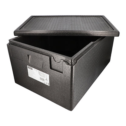 È raffigurato un contenitore termico Starpak nero in EPP (68,5 x 48,5 x 36 cm), Norma Euro, con coperchio parzialmente aperto e spazioso interno. Sul davanti c'è un'etichetta del prodotto. Confezione: 1 pezzo.
