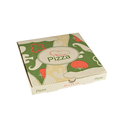 I 100 cartoni per pizza della PAPSTAR, Cellulosa "pure" rettangolari della PAPSTAR GmbH sono cartoni chiusi (24 x 24 cm) in pura cellulosa con motivo astratto verde/beige, accenti rossi e la stampa "Pizza" sopra e lateralmente.