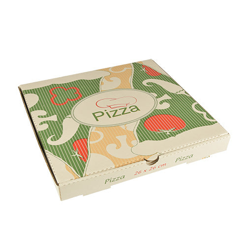 Le scatole per pizza PAPSTAR 100 della PAPSTAR GmbH sono scatole quadrate ecologiche in pura cellulosa con dimensioni di 26x26 cm. Sono decorate con grafiche di pizza colorate in verde, arancione e rosso e la scritta 'Pizza' sulla parte superiore e sui lati.