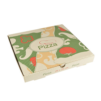 Le scatole per pizza PAPSTAR 100 della PAPSTAR GmbH sono scatole quadrate ecologiche in pura cellulosa con dimensioni di 26x26 cm. Sono decorate con grafiche di pizza colorate in verde, arancione e rosso e la scritta 'Pizza' sulla parte superiore e sui lati.