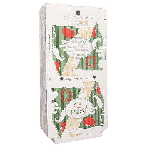 Der PAPSTAR 100 Pizzakartons „pure“ eckig der PAPSTAR GmbH ist ein rechteckiger, umweltfreundlicher Zellstoffkarton (26 x 26 cm) mit grünem, beigem und rotem Tomaten- und Paprika-Motiv und der Aufschrift „Pizza“, auf dem Foto hochkant dargestellt.