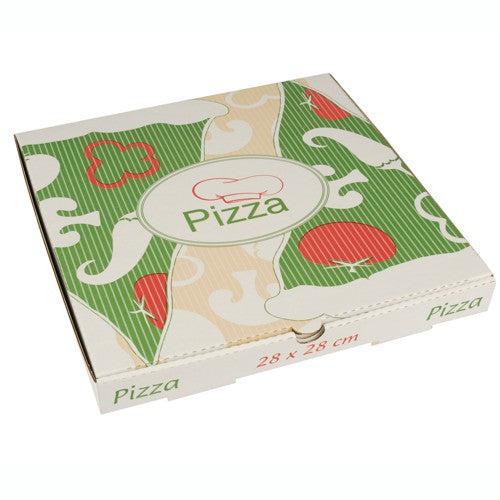 Le scatole per pizza PAPSTAR 100 della PAPSTAR GmbH si distinguono per il loro design colorato con strisce verdi, pomodori rossi, funghi bianchi e la scritta 'Pizza' sul coperchio. Realizzate in pura cellulosa, ogni scatola misura 28 x 28 cm ed è ecologica.