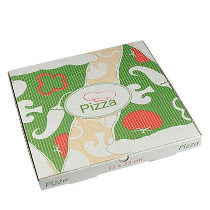 L'immagine mostra una scatola per pizza da 100 chiusa PAPSTAR della PAPSTAR GmbH in pura cellulosa con design colorato Veggie in verde, rosso e beige con la scritta 'Pizza' sul coperchio e sul lato; le dimensioni sono 33 x 33 cm.