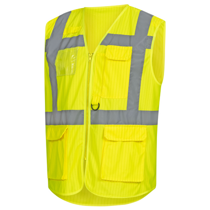Un gilet di sicurezza NITRAS giallo brillante di AS Arbeitsschutz GmbH con strisce riflettenti sulle spalle e filo di carbonio per una migliore visibilità. Il gilet ha una cerniera sul davanti e diverse tasche, tra cui tasche trasparenti e coperte con patta, per un utilizzo aggiuntivo.