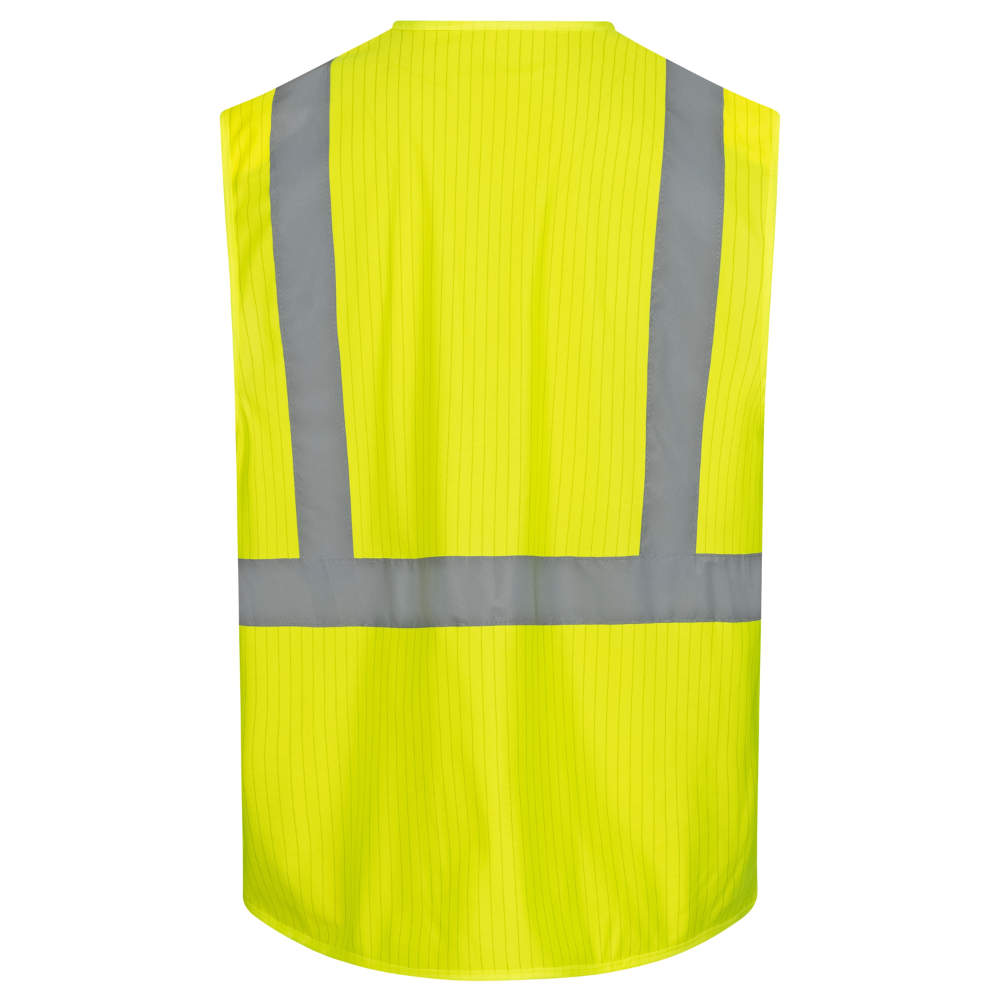 Il gilet di sicurezza NITRAS di AS Arbeitsschutz GmbH combina un tessuto giallo fluorescente con ampie strisce riflettenti grigie e ulteriori strisce riflettenti sulle spalle, aumentando così la sicurezza. Il design senza maniche e il colletto alto garantiscono la massima visibilità su uno sfondo bianco semplice.
