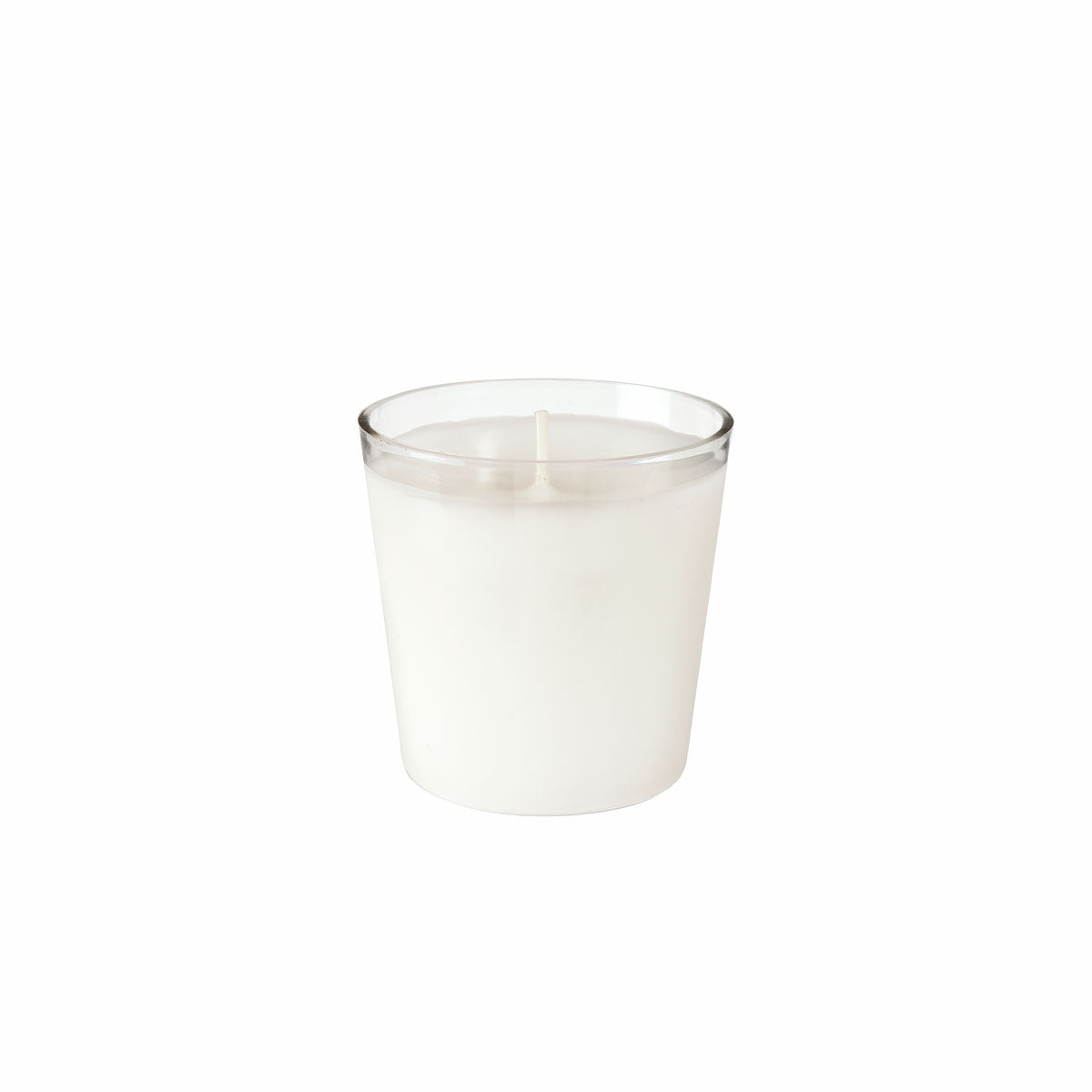 Die Nachfüller Switch & Shine von Duni GmbH, eine weiße Kerze mit einem Docht in Klarglas (65 x 65 mm), bietet ca. 30h Brenndauer - ideal für langanhaltende Atmosphäre.
