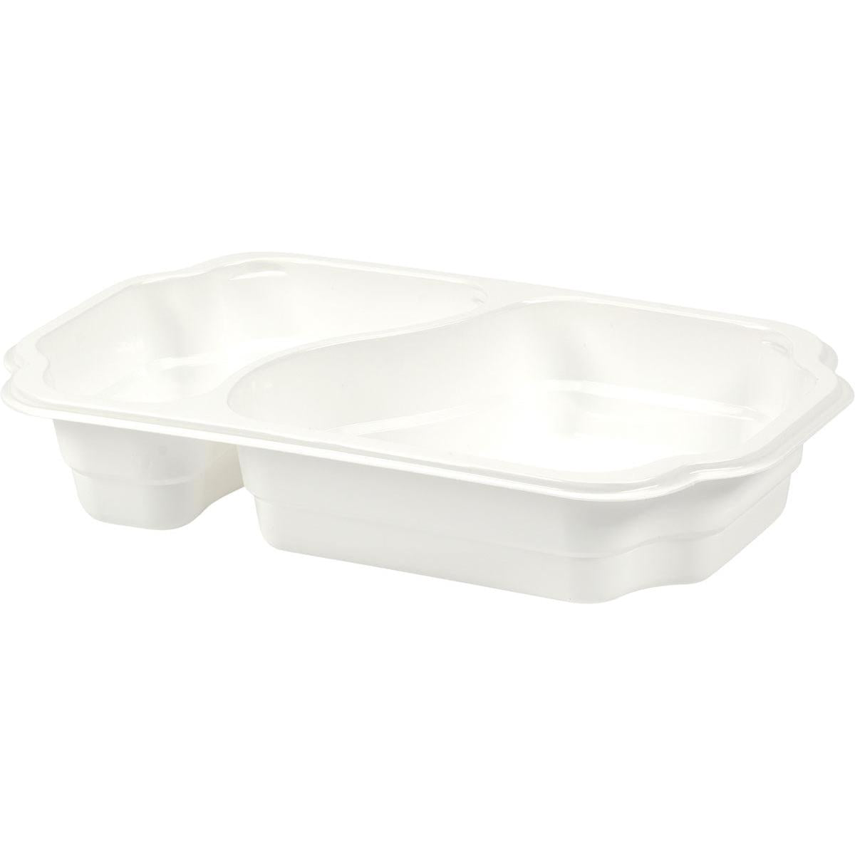 Un vassoio bianco rettangolare PP Take-Away 250x159x45 mm di Duni GmbH con due scomparti, adatto per alimenti, confezione da 246 pezzi - ideale per snack, da una prospettiva leggermente rialzata su sfondo neutro.