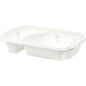 Un vassoio bianco rettangolare PP Take-Away 250x159x45 mm di Duni GmbH con due scomparti, adatto per alimenti, confezione da 246 pezzi - ideale per snack, da una prospettiva leggermente rialzata su sfondo neutro.