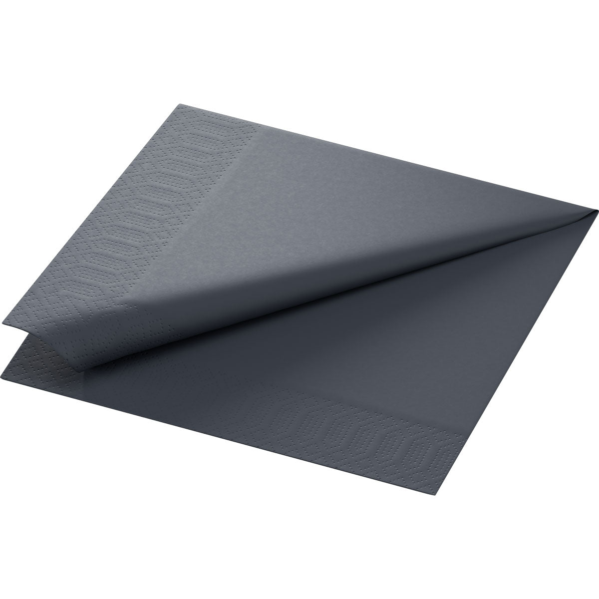 Ein Stapel Duni GmbH Zelltuchservietten, 40x40 cm, 3-lagig, schwarz (Packung mit 250 Servietten), mit dezenter Prägung am Rand, präsentiert auf weißem Hintergrund.