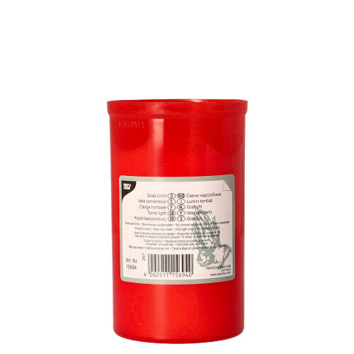 Candela commemorativa cilindrica PAPSTAR T3 con custodia in plastica rossa (Ø 6,4 cm, altezza 10 cm) ed etichetta bianca con testo, simboli, codice a barre e grafica. Ideale per l'uso al cimitero. Marca: PAPSTAR GmbH.