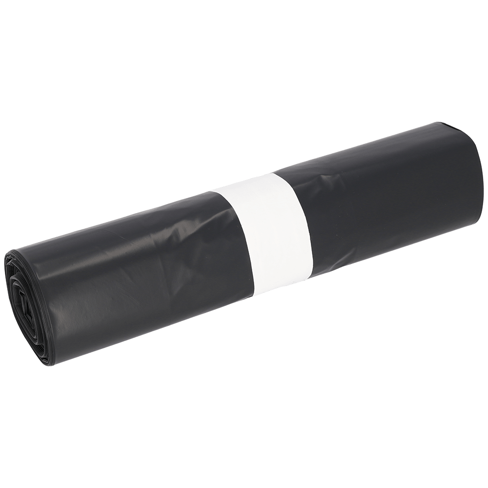 Un rotolo di sacchi della spazzatura DEISS 575x1000x0,06 mm in LDPE riciclato 70 l di EMIL DEISS KG (GmbH + Co.) è confezionato ordinatamente con una fascetta di carta bianca al centro e esposto su uno sfondo bianco semplice.