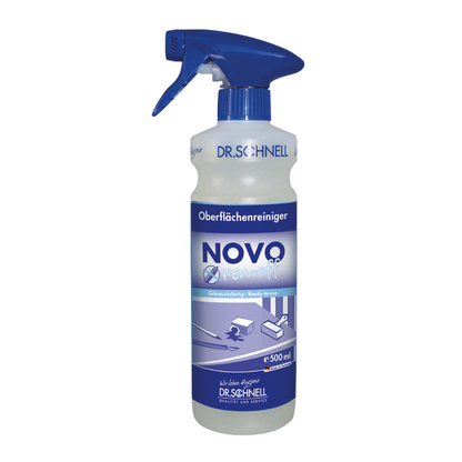 Una bottiglia spray di plastica con la scritta "Dr. Schnell NOVO PEN-OFF detergente speciale per superfici per uffici" di DR.SCHNELL GmbH & Co. KGaA, con un ugello blu e un'etichetta con istruzioni di pulizia e immagini di scrivania, tastiera e sedia da ufficio.