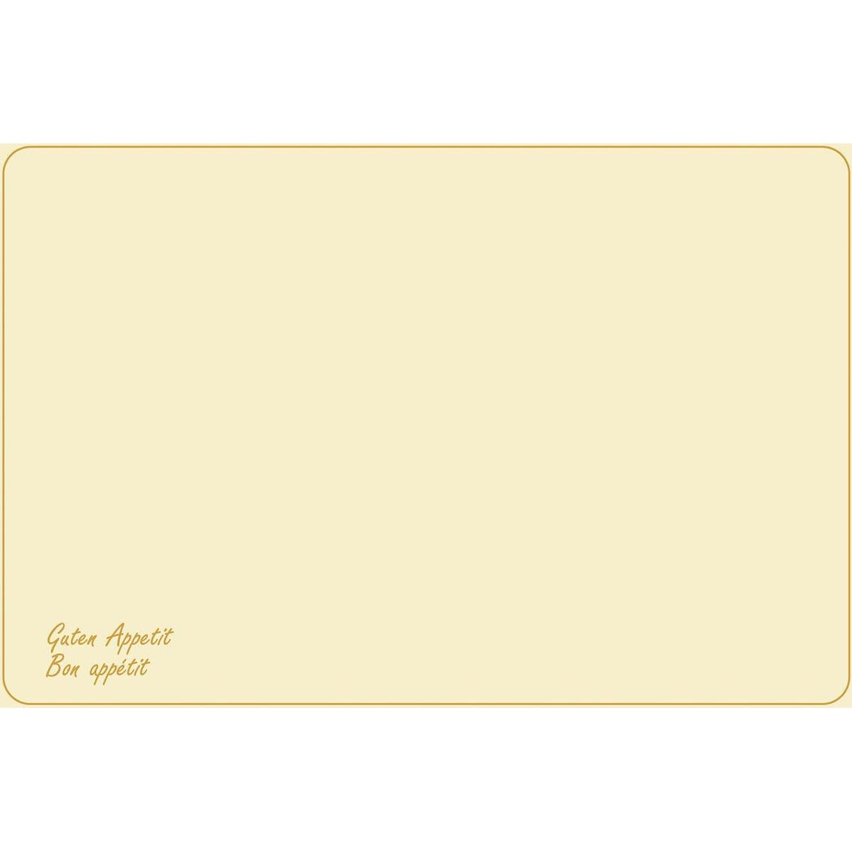 I tovagliette Dunicel (Vesca Norm) 33 x 48 cm Guten Appetit della Duni GmbH hanno un design beige non stampato con un sottile bordo marrone, angoli arrotondati e "Guten Appetit Bon appétit" in piccolo carattere marrone in basso a sinistra - ideale per una tavola apparecchiata con stile.