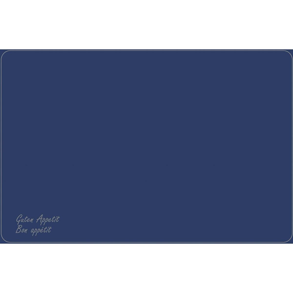 Una tovaglietta rettangolare Dunicel 33 x 48 cm della Duni GmbH in blu scuro, decorata con bordi bianchi e "Guten Appetit" & "Bon appétit" in corsivo nell'angolo. Ideale per tovagliette eleganti di Vesca Norm.