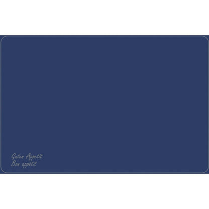 Una tovaglietta rettangolare Dunicel 33 x 48 cm della Duni GmbH in blu scuro, decorata con bordi bianchi e "Guten Appetit" & "Bon appétit" in corsivo nell'angolo. Ideale per tovagliette eleganti di Vesca Norm.