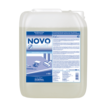 Un contenitore da 10 litri in plastica traslucida del Dr. Schnell NOVO PEN-OFF detergente speciale per superfici per uffici della DR.SCHNELL GmbH & Co. KGaA con coperchio bianco ed etichetta blu-bianca per una rimozione efficace delle macchie.