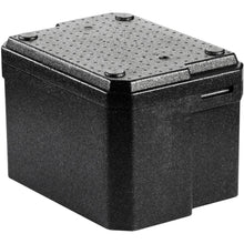 Die Duni GmbH Thermobox 1 Schwarz EPP ist eine schwarze rechteckige EPP-Box mit strukturiertem Deckel und abgerundeten Ecken, die zur Isolierung und Aufbewahrung konzipiert wurde - perfekt als Lebensmitteltransportbox für den gastronomischen Einsatz.