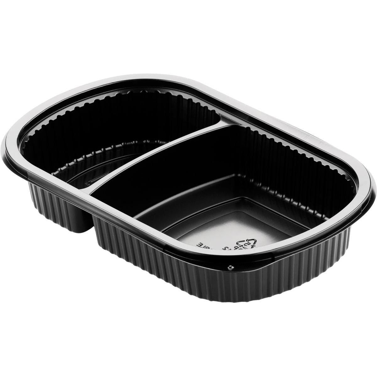 La Duni GmbH Menubox 2 Schwarz PP 240x150x40, un contenitore per alimenti nero con due scomparti e bordo scanalato, è perfetto per la gastronomia. Viene fornito in confezioni da 50 ed è raffigurato su sfondo bianco.