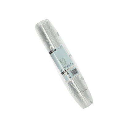 Un pacco di bicchieri Starpak 50, PS cristallino, con una capacità di 0,2 l ciascuno è confezionato in un imballaggio di plastica con un'etichetta bianco-azzurra con informazioni sul prodotto e un codice a barre.