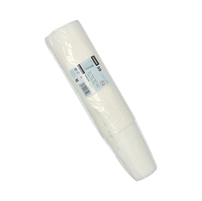 Una pila confezionata in plastica con 50 bicchieri Starpak bianchi da 0,5L in PP (Ø 9,5 cm · 13,7 cm) con bordo in schiuma e informazioni sul prodotto su un'etichetta rettangolare attaccata all'imballaggio.