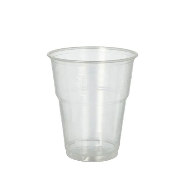 Il bicchiere per bevande fredde da 70 PAPSTAR GmbH, PLA "pure" chiarissimo con bordo in schiuma, è un bicchiere ecologico ideale per servire bevande fredde ed è qui raffigurato vuoto su uno sfondo bianco semplice.