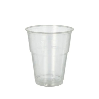 Il bicchiere per bevande fredde da 70 PAPSTAR GmbH, PLA "pure" chiarissimo con bordo in schiuma, è un bicchiere ecologico ideale per servire bevande fredde ed è qui raffigurato vuoto su uno sfondo bianco semplice.