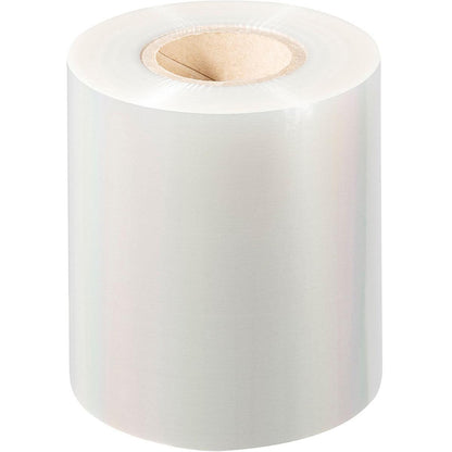 Un grande rotolo di pellicola sigillante PET Antifog PET della Duni GmbH è in piedi su uno sfondo bianco, con una pellicola lucida e avvolta strettamente su un nucleo di cartone per una pellicola sigillante antiappannante.