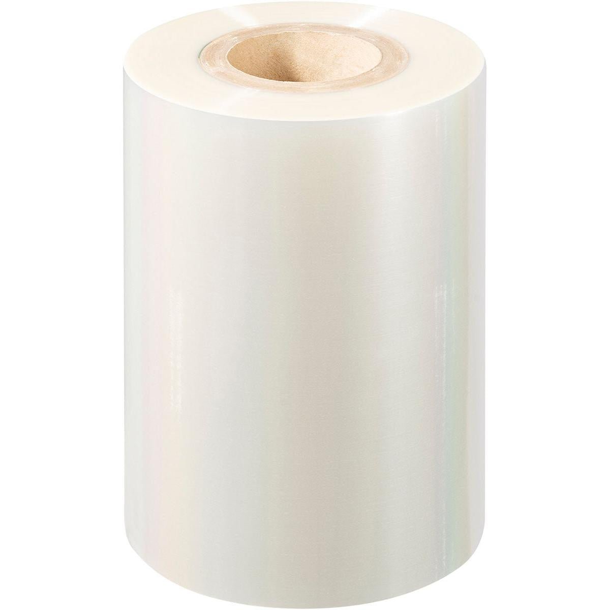 Un grande rotolo di pellicola sigillante PET Antifog PET della Duni GmbH con un nucleo di cartone, in piedi su uno sfondo bianco.