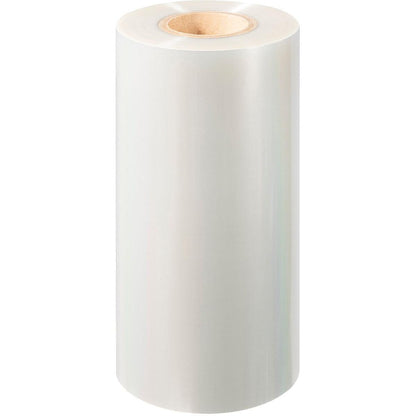 Un grande rotolo di pellicola sigillante PET Antifog PET della Duni GmbH con un nucleo di cartone è in piedi davanti a uno sfondo bianco semplice.