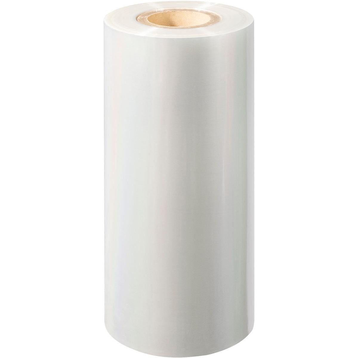 Un grande rotolo di pellicola sigillante PET Antifog PET della Duni GmbH con nucleo di cartone è in piedi davanti a uno sfondo bianco.