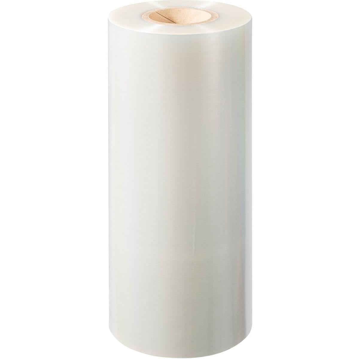 Un grande rotolo della Duni GmbH di pellicola sigillante PET Antifog PET con nucleo di cartone è in piedi davanti a uno sfondo bianco semplice.
