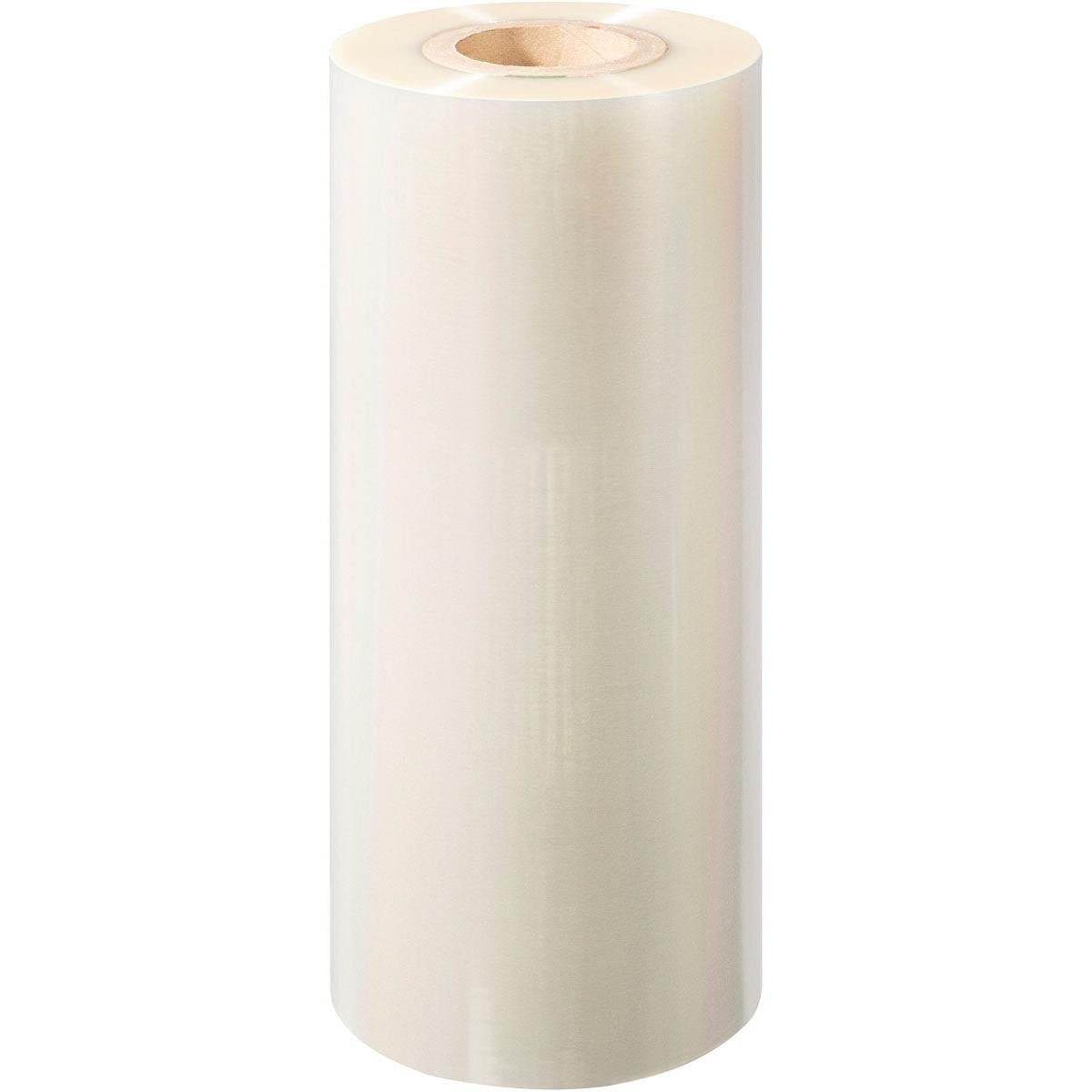 Un grande rotolo di pellicola sigillante PET Antifog PET della Duni GmbH con un nucleo di cartone è presentato in piedi su uno sfondo bianco.