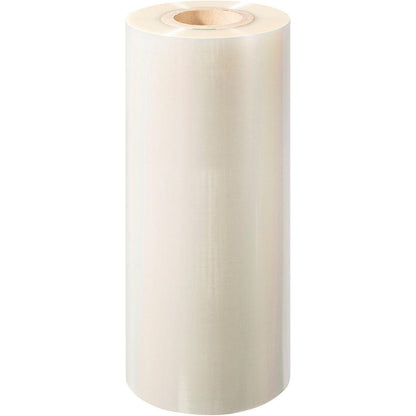 Un grande rotolo di pellicola sigillante PET Antifog PET della Duni GmbH con un nucleo di cartone è presentato in piedi su uno sfondo bianco.
