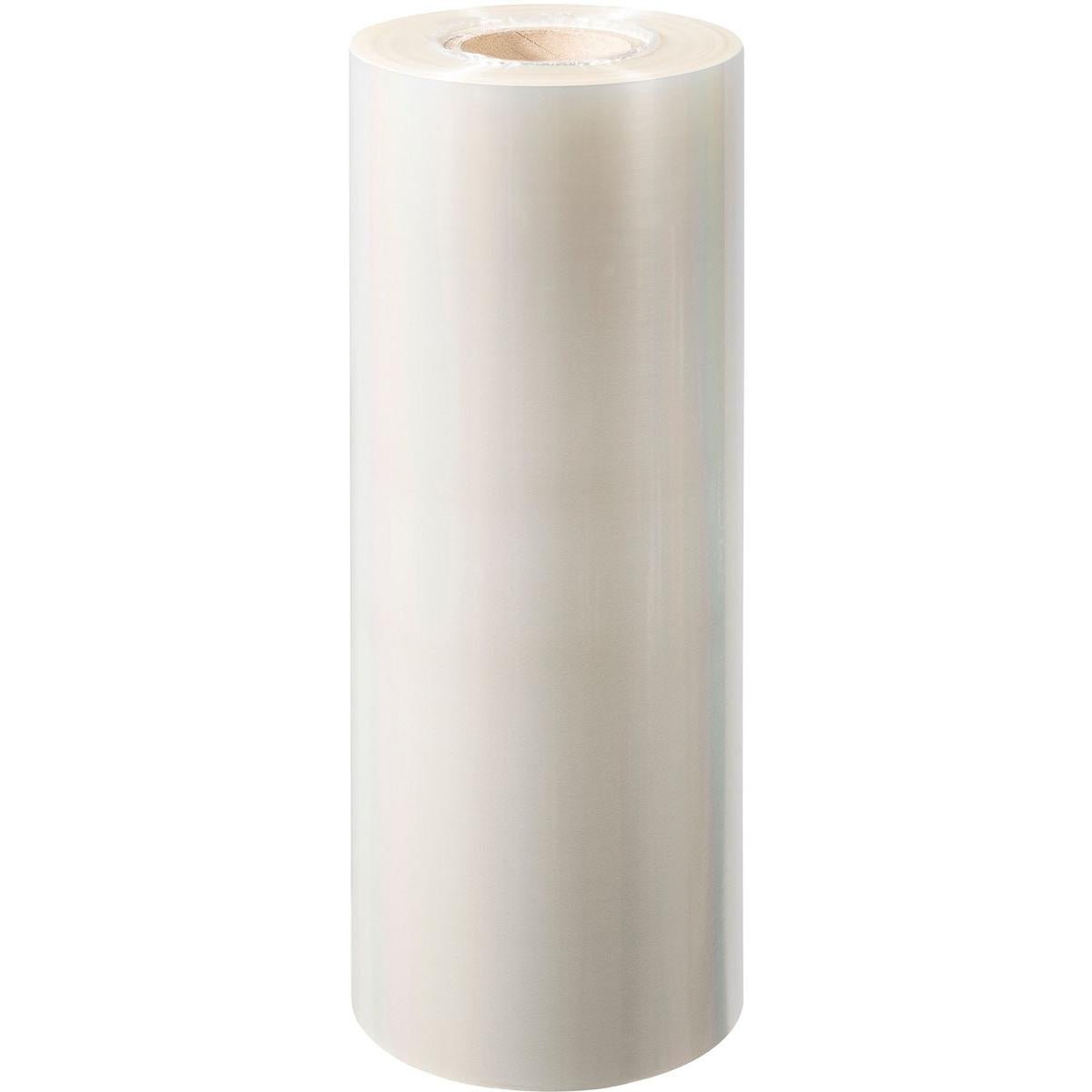 Un grande rotolo di pellicola sigillante PET Antifog PET della Duni GmbH con pellicola trasparente e nucleo di cartone visibile è in piedi su uno sfondo bianco.