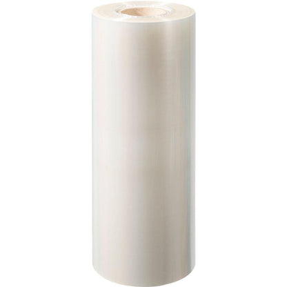 Un grande rotolo di pellicola sigillante PET Antifog PET della Duni GmbH con pellicola trasparente e nucleo di cartone visibile è in piedi su uno sfondo bianco.