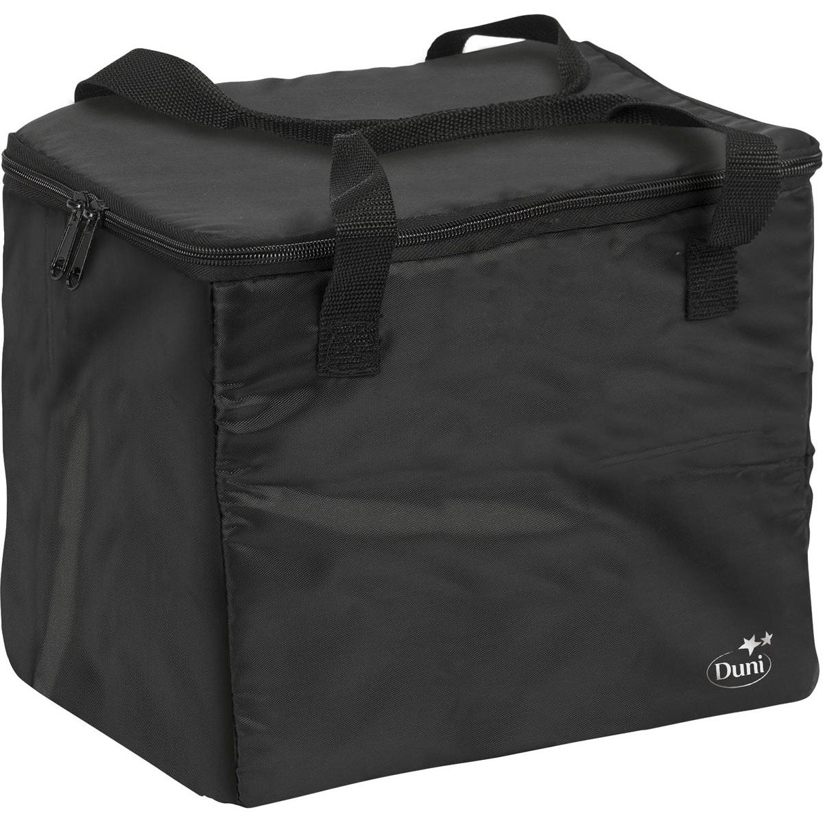 Una borsa termica 1 Nero Nylon 275x200x240 di Duni GmbH con due maniglie, una cerniera sulla parte superiore e un logo Duni bianco nell'angolo anteriore inferiore. Confezione (1 pezzo).